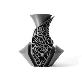 Detailed black 3D printed vase showcasing complex lattice pattern and modern aesthetics.