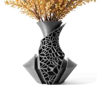 Detailed lattice design 3D-printed black vase with floral arrangement for modern home decor.
