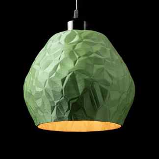 Vivid green textured paper lantern hanging against black background.