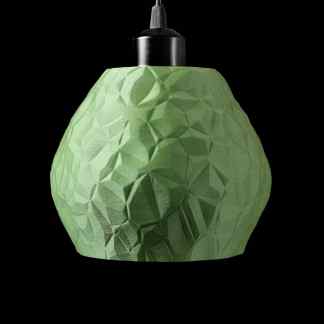 Decorative green geometric pendant lamp created with 3D printing technology, showcasing modern interior lighting design.