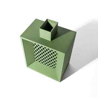Detailed 3D printed green ventilation cube with lattice design and chimney component. Crafted with precision for functional and aesthetic purposes.