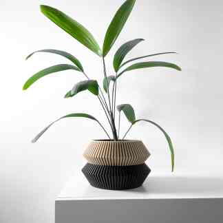 Vase with geometric ribbed design in neutral tones, showcasing innovative 3D printing craftsmanship.