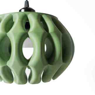 Image of a green 3D-printed pendant lamp featuring a geometric, open-framed design, perfect for contemporary home décor.