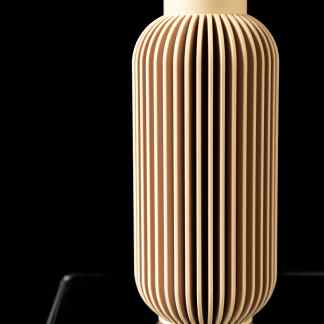 Sleek wooden vase with vertical slats, ideal for home decor and artistic displays.