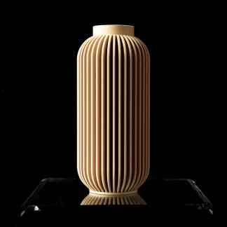 Elegant modern wooden vase with vertical slats, artistic design for home decor.