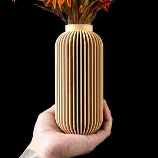 Stylish wooden vase with vertical slats, perfect for displaying flowers or as a decorative piece.