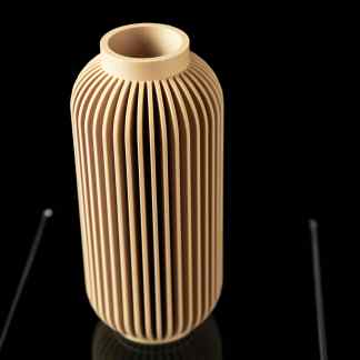 3D printed beige vase with vertical ridges, modern design for home decor.