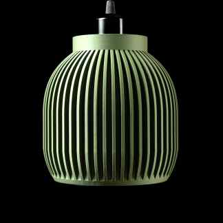 Stylish green pendant light with unique slatted design, ideal for modern home or office lighting.