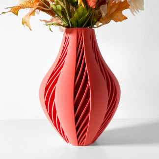 A 3D printed YORIO vase featuring a striking spiral pattern, perfect for modern home decor and floral arrangements.