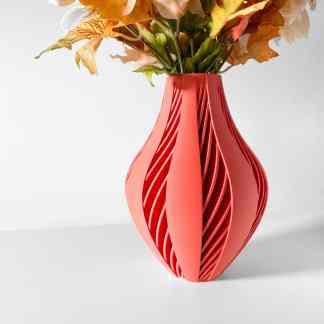 Vase with detailed spiral pattern, created using 3D printing technology, ideal for stylish floral arrangements.