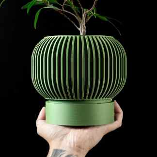 Detailed 3D-rendered green planter with vertical slats showcasing craftsmanship and design.