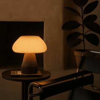 Soft glow from stylish table lamp creates warm atmosphere in contemporary space.