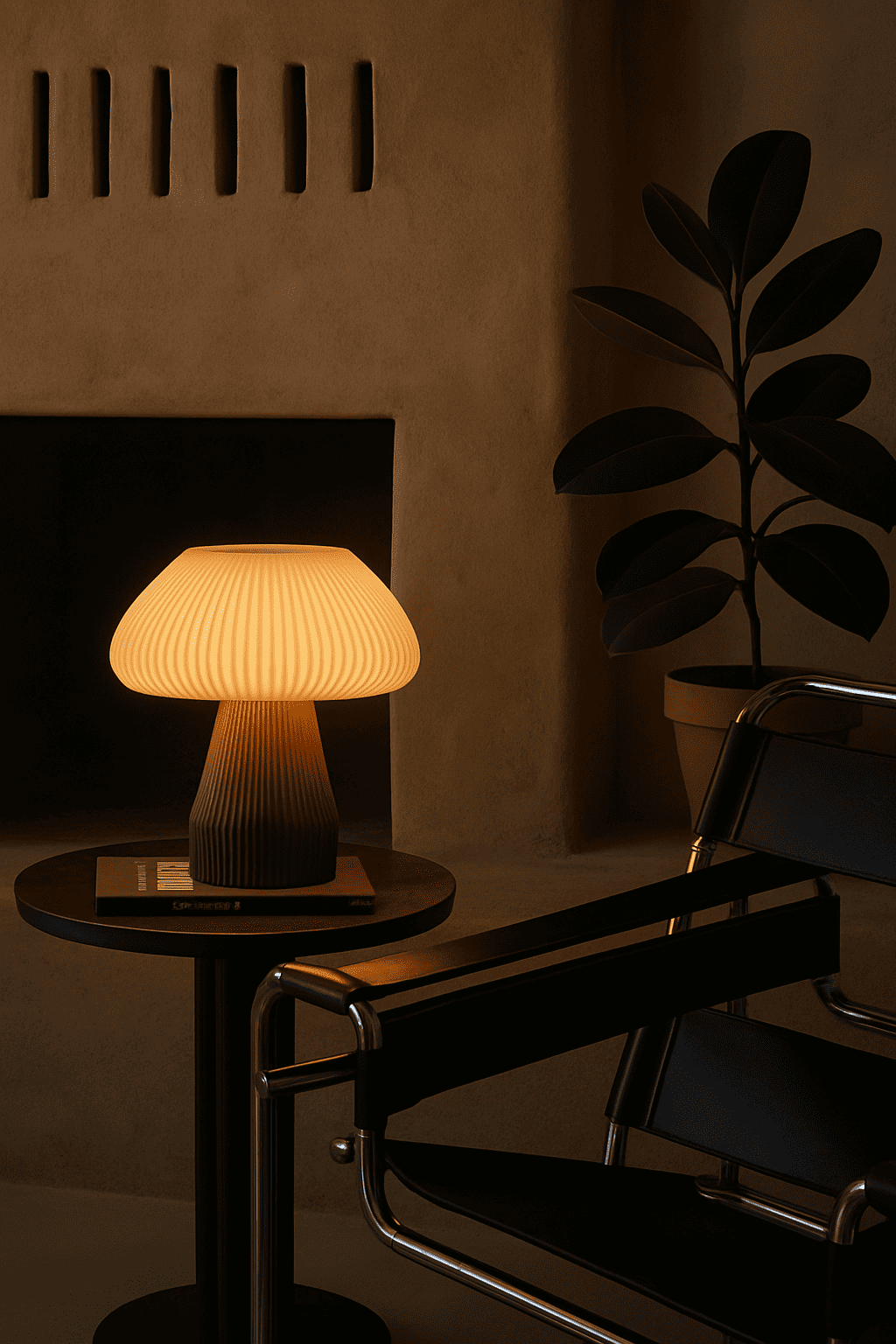 Soft glow from stylish table lamp creates warm atmosphere in contemporary space.