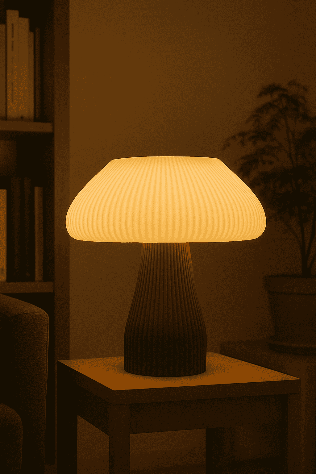 Stylish wooden table lamp with glowing light, ideal for living rooms and bedroom ambiance.