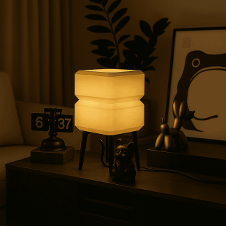 Stylish wooden table lamp with ambient lighting, paired with decorative animal figurines and digital clock.
