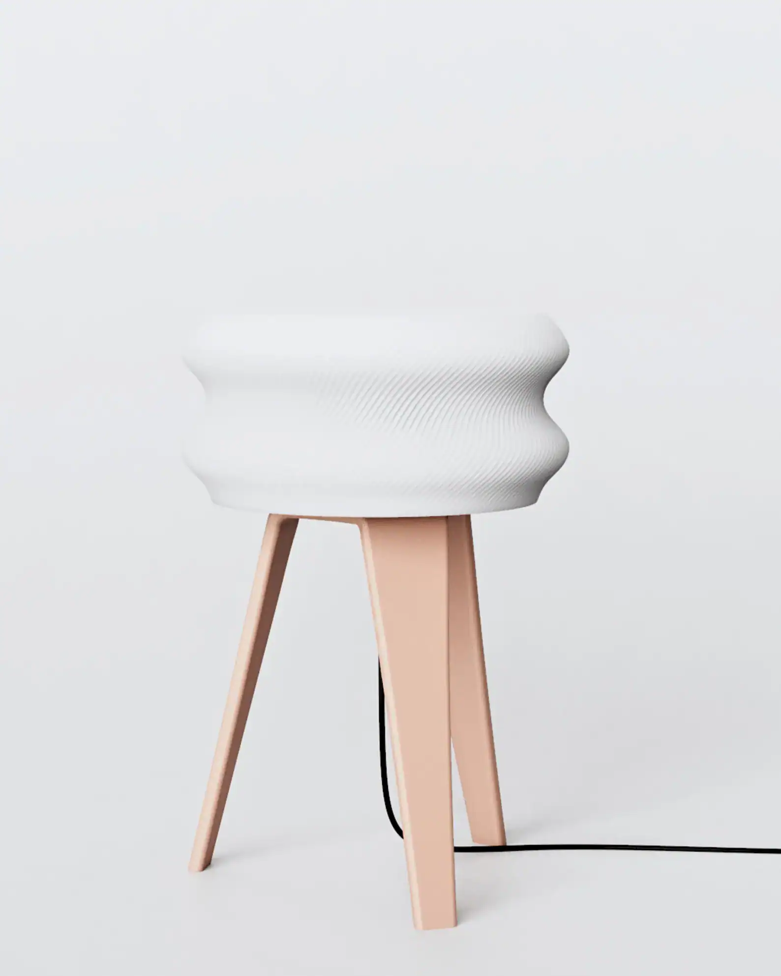 Sleek white 3D-printed table lamp with textured surface on a modern wooden tripod stand, ideal for stylish home decor.