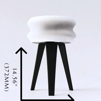 3D printed stool with wave pattern, black wooden legs, measuring 14.56 inches tall and 9.8 inches wide.