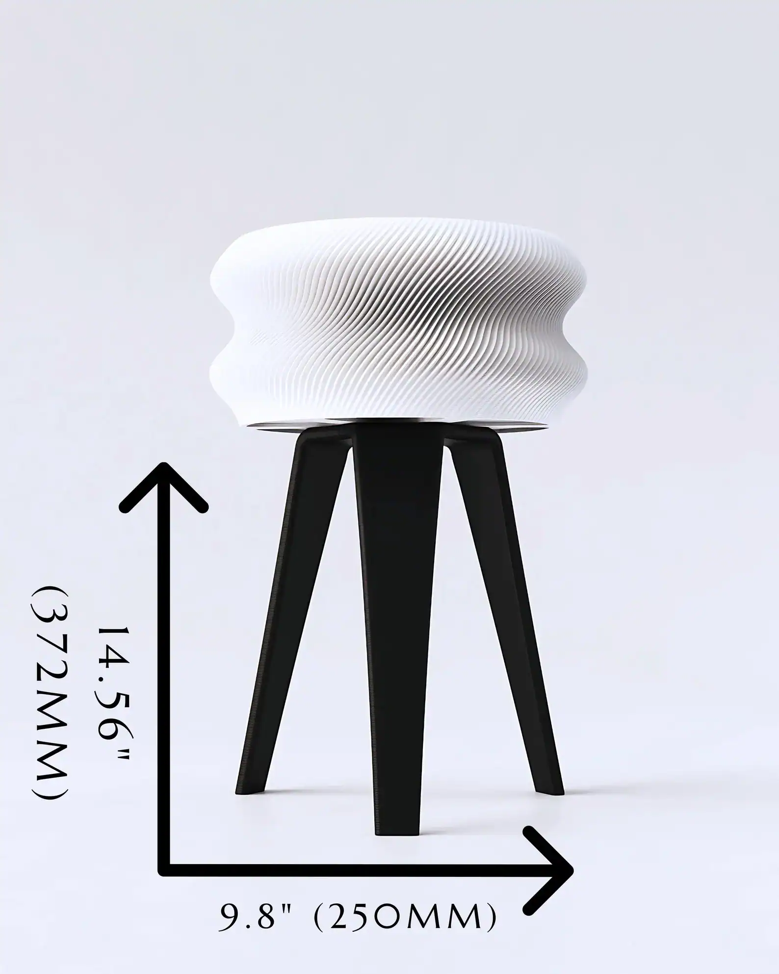 3D printed stool with wave pattern, black wooden legs, measuring 14.56 inches tall and 9.8 inches wide.
