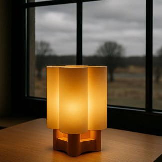 Elegant LED lamp with wooden stand, ambient lighting for home decoration.