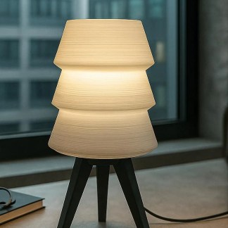 Stylish wooden tripod table lamp with warm fabric shade, perfect for enhancing modern living spaces.