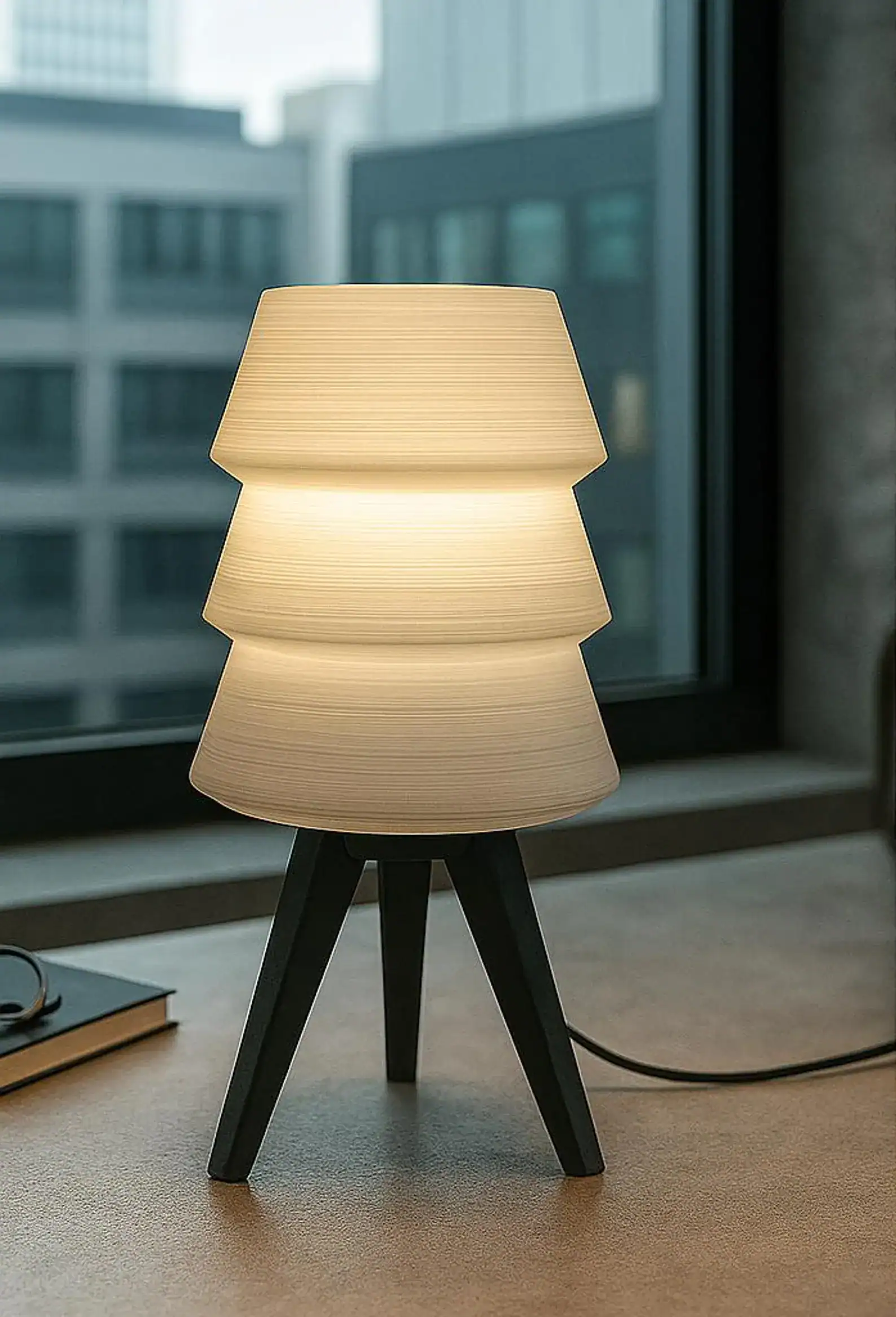 Stylish wooden tripod table lamp with warm fabric shade, perfect for enhancing modern living spaces.