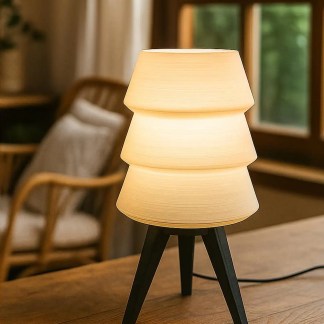 Stylish wooden base table lamp with warm light, perfect for living rooms and bedrooms.