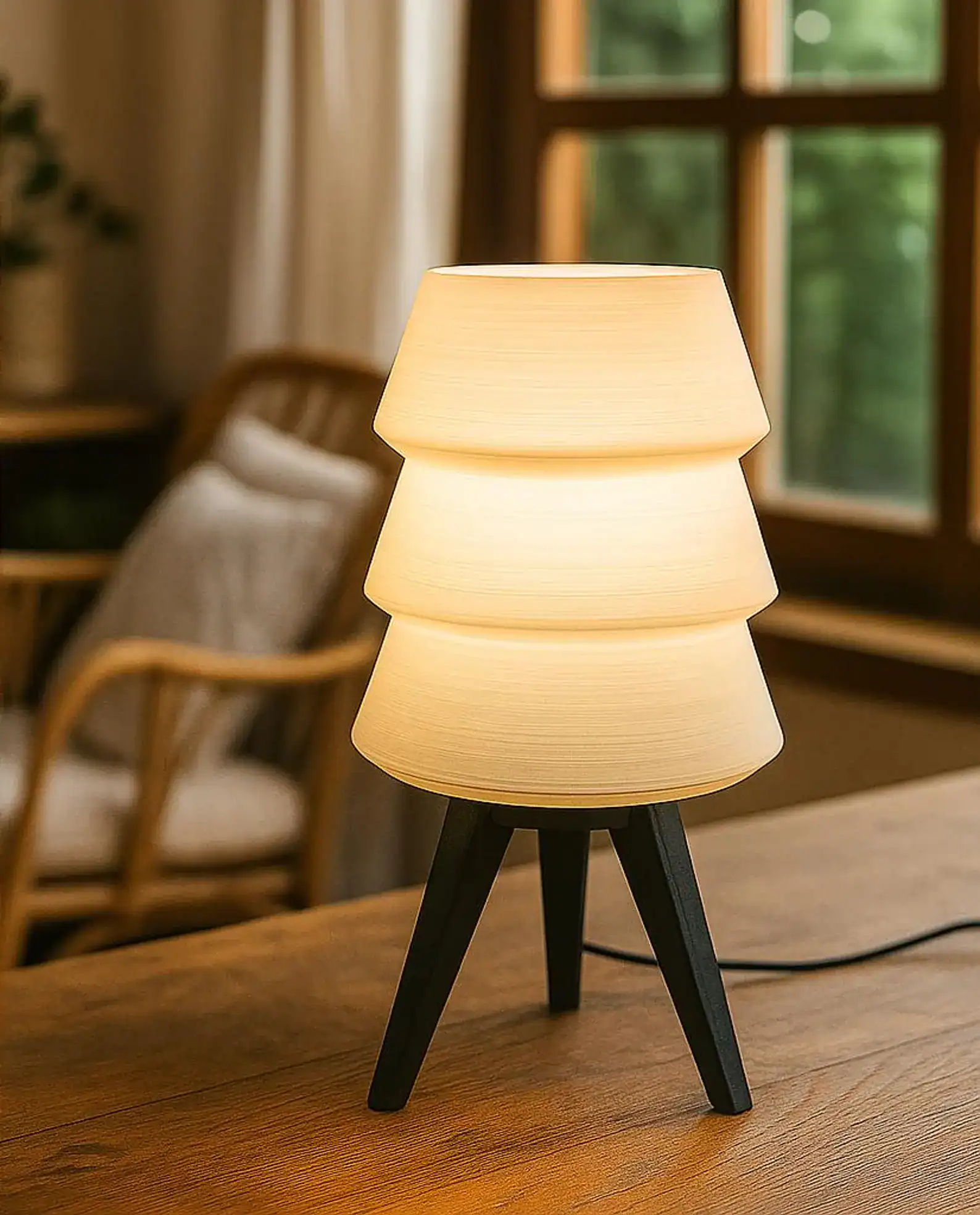 Stylish wooden base table lamp with warm light, perfect for living rooms and bedrooms.