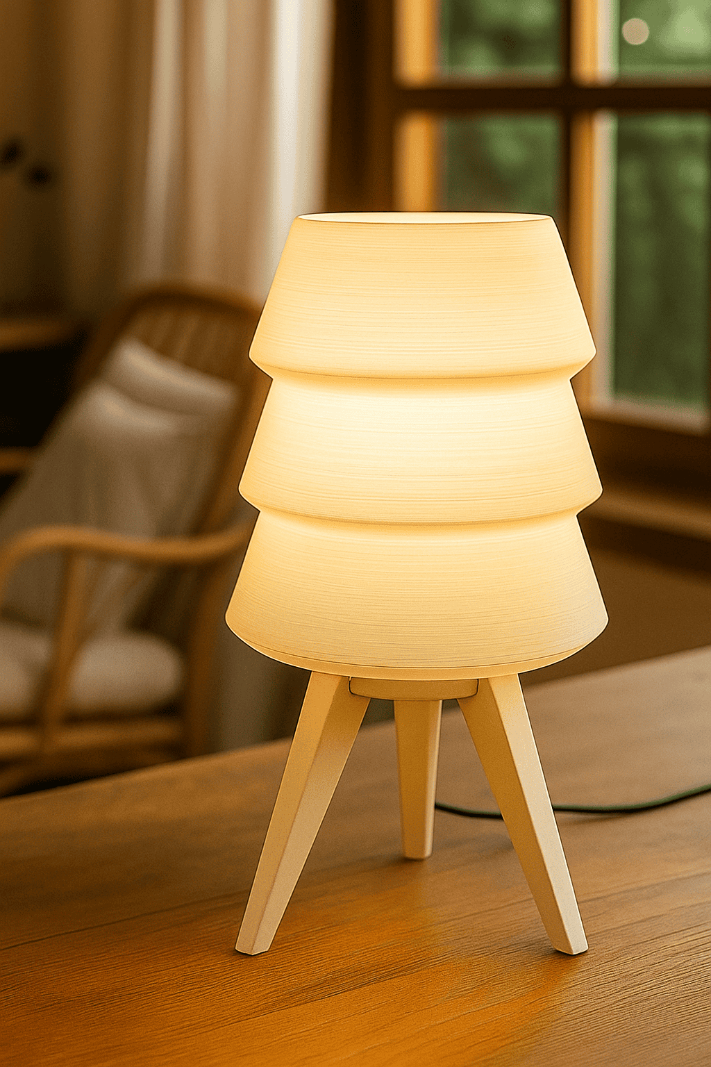 Stylish wooden bedside lamp with warm beige lampshade, ideal for cozy home decor and ambient lighting.
