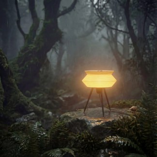 Stylish Gorshok table lamp with wooden tripod base, ideal for enhancing indoor or outdoor decor.