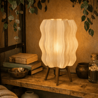 Shaped table lamp with warm ambient lighting for cozy interiors.