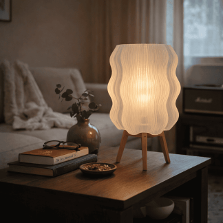 Table lamp with wavy design for cozy ambiance.